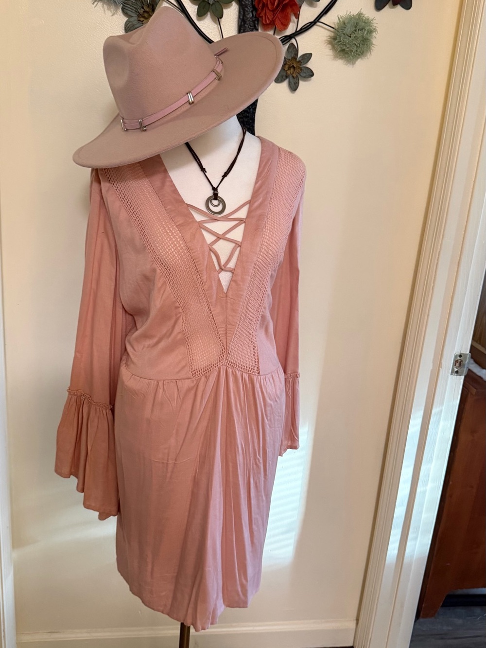 Boho Women's Dusty Rose Lace-Up V-Neck Dress